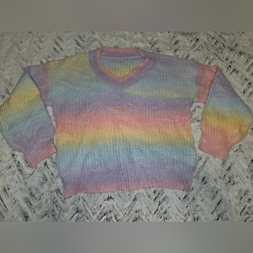 SHEIN Pastel Rainbow V-Neck Sweater